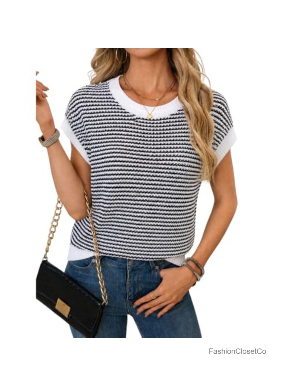 Striped Short Sleeve Sweater Vest Knit Cap Sleeve Layering Top